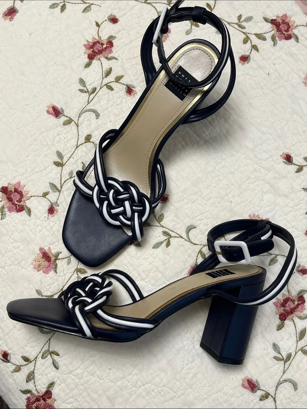 WHBM Nova Mixed Knot Sz 8.5 Sandal Heels Navy Blue And White